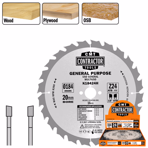 Jeu de lames de scie universelles HW Contractor, paquet de 10 pièces D=184mm K=1,7mm P=1,1mm Z24
