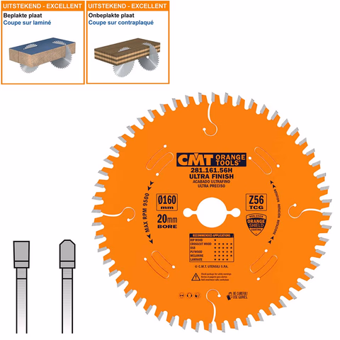 Lame de scie pour plastique et matériau des plaques D=160mm K=2,2mm P=1,6mm Z56