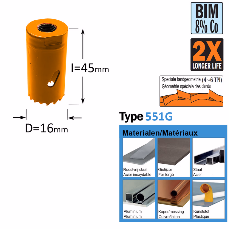 Gatzaag, Bi-metaal D=16mm S=Hexagonaal