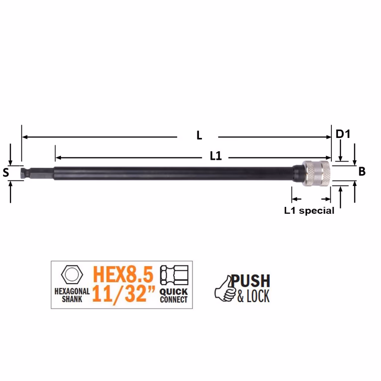 Pièce d'extension avec connexion à queue hexagonale PUSH&LOCK S=HEX8.5 (11/32) L=450mm L1=420mm