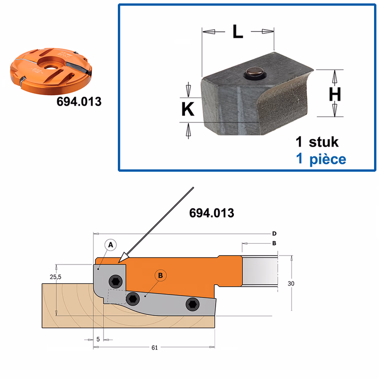 Bloc de serrage pour couteau profilé art. 695.013.A1 695.999.16