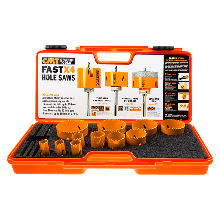 Set avec CMT coffre en PVC + 11 scies cloches + 2 forets de centrage