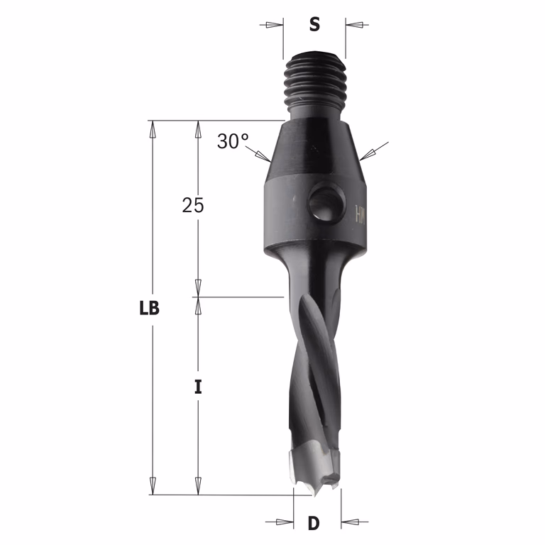 Mèche pour perceuse avec cône de centrage 30°, gauche D=10mm LB=55mm I=30mm