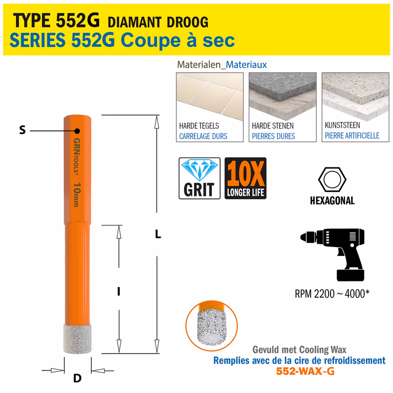 Scie cloche pour matériaux extrêmement durs D=10mm S=Hexagonaal L=76mm I=40mm