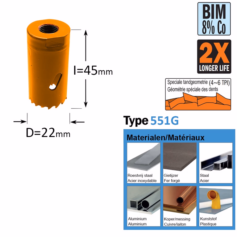 Scie cloche, Bim 8% Co D=22mm S=Hexagonaal