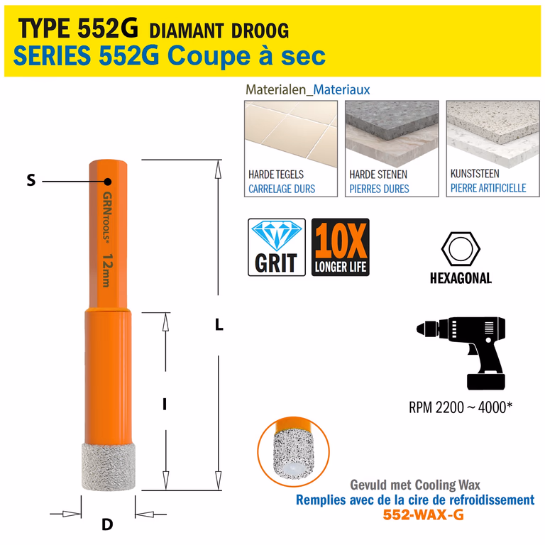 Scie cloche pour matériaux extrêmement durs D=12mm S=Hexagonaal L=68mm I=40mm