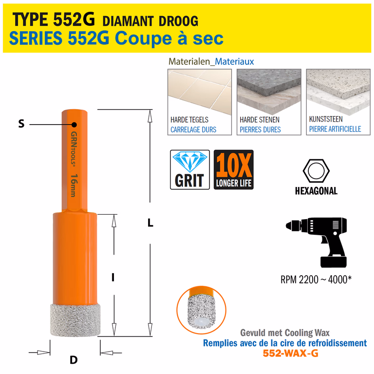 Scie cloche pour matériaux extrêmement durs D=16mm S=Hexagonaal L=76mm I=40mm