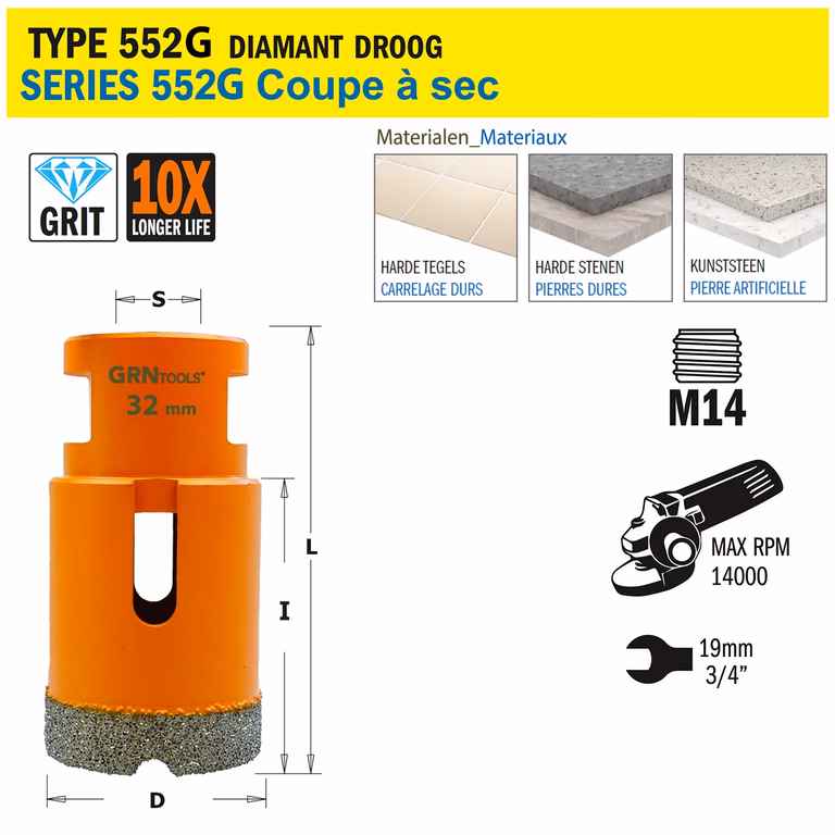 Scie cloche pour matériaux extrêmement durs D=32mm S=M14 L=60mm I=40mm
