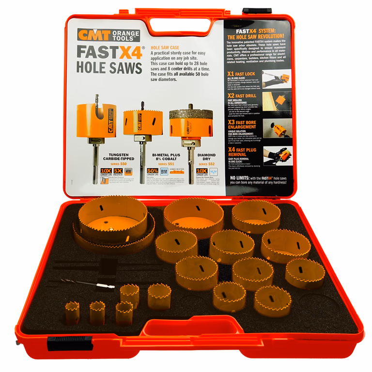 Set avec CMT coffre en PVC + 17 scies cloches + 2 forets de centrage