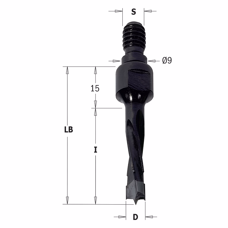 Mèche pour perceuse, gauche D=8mm L1=15mm I=30mm
