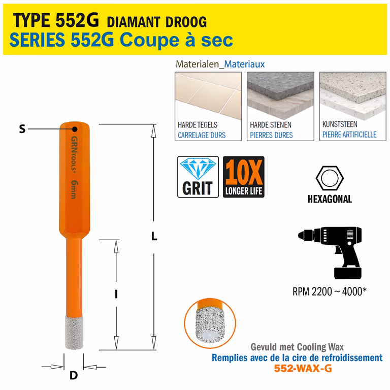 Scie cloche pour matériaux extrêmement durs D=6mm S=Hexagonaal L=68mm I=32mm