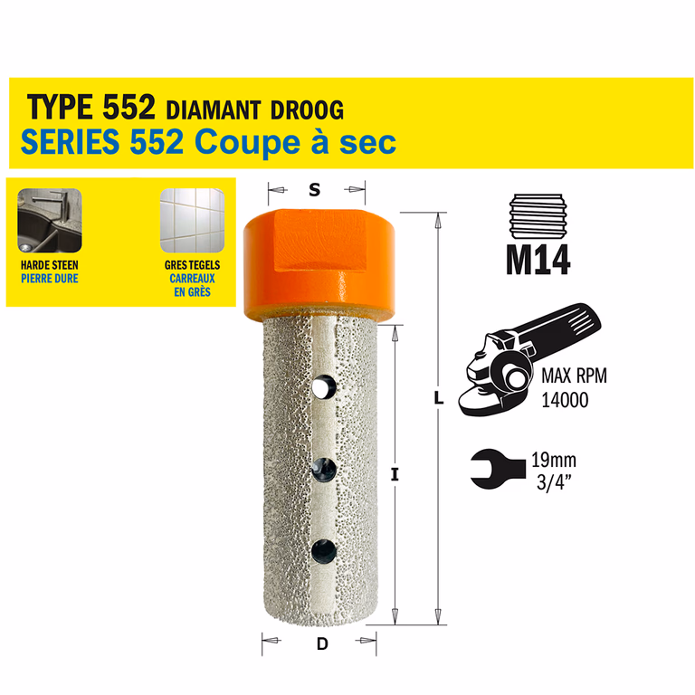 Gatzaag voor extreem harde materialen D=20mm S=M14 L=65mm I=50mm