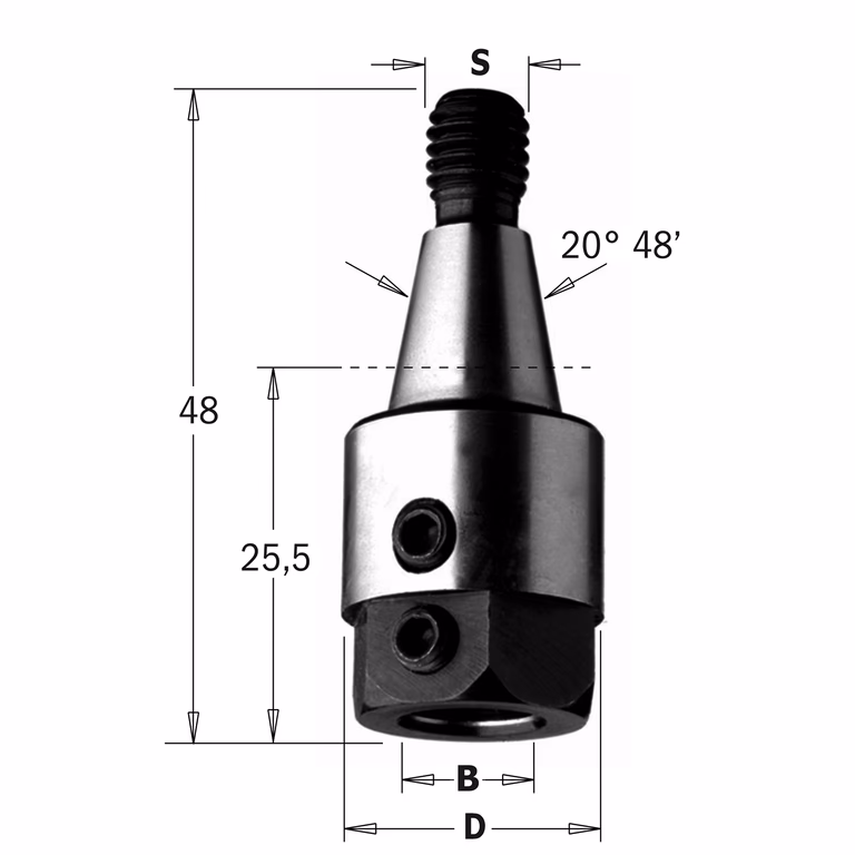 Adaptateur avec cône de centrage 20° 48', droite D=19,5mm B=10mm