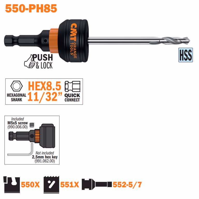 Mandrin à changement rapide avec mèche HSS, support HEX 8,5