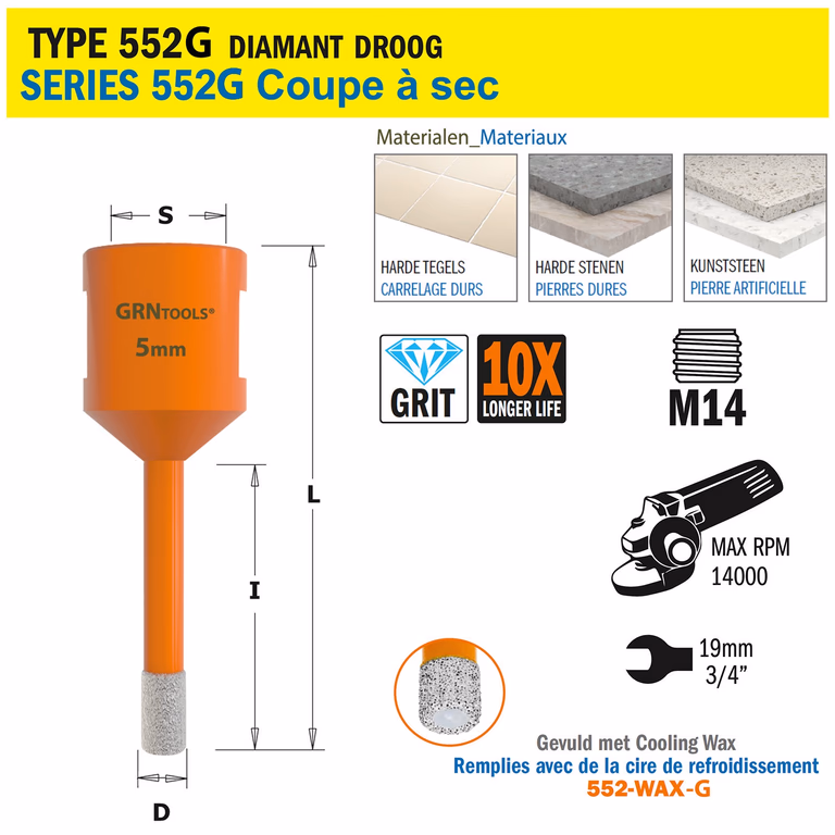 Scie cloche pour matériaux extrêmement durs D=5mm S=M14 L=60mm I=40mm