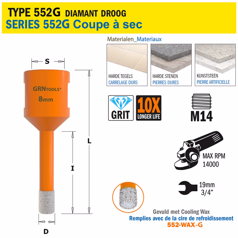 Scie cloche pour matériaux extrêmement durs D=8mm S=M14 L=60mm I=40mm