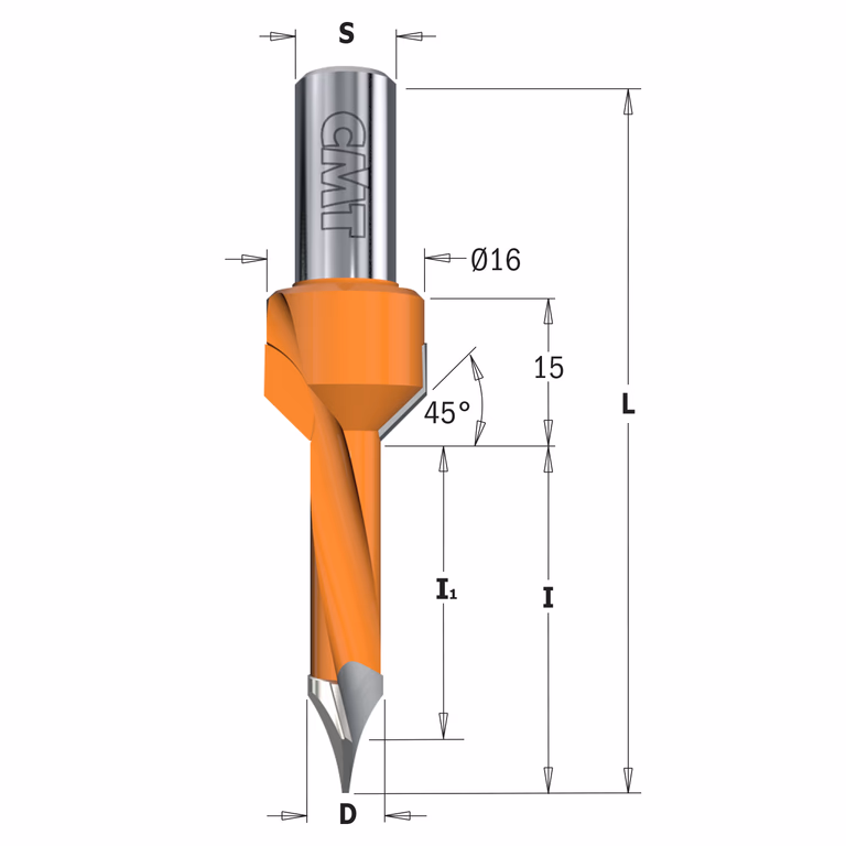 Mèche pour perceuse avec fraisoir, gauche D=8mm L=70mm I=35mm