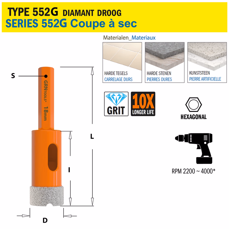Scie cloche pour matériaux extrêmement durs D=18mm S=Hexagonaal L=68mm I=40mm