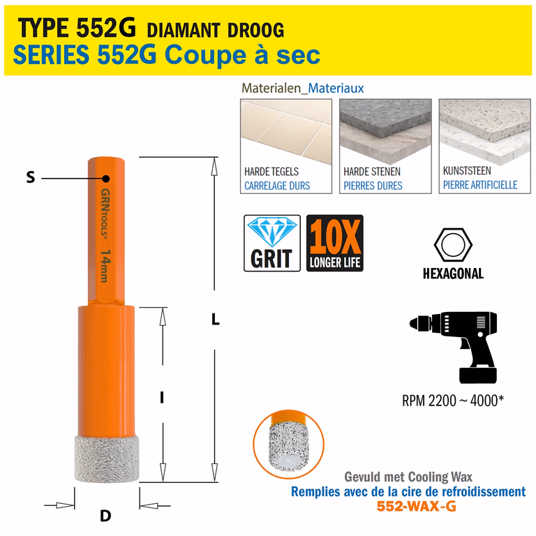 Scie cloche pour matériaux extrêmement durs D=14mm S=Hexagonaal L=68mm I=40mm