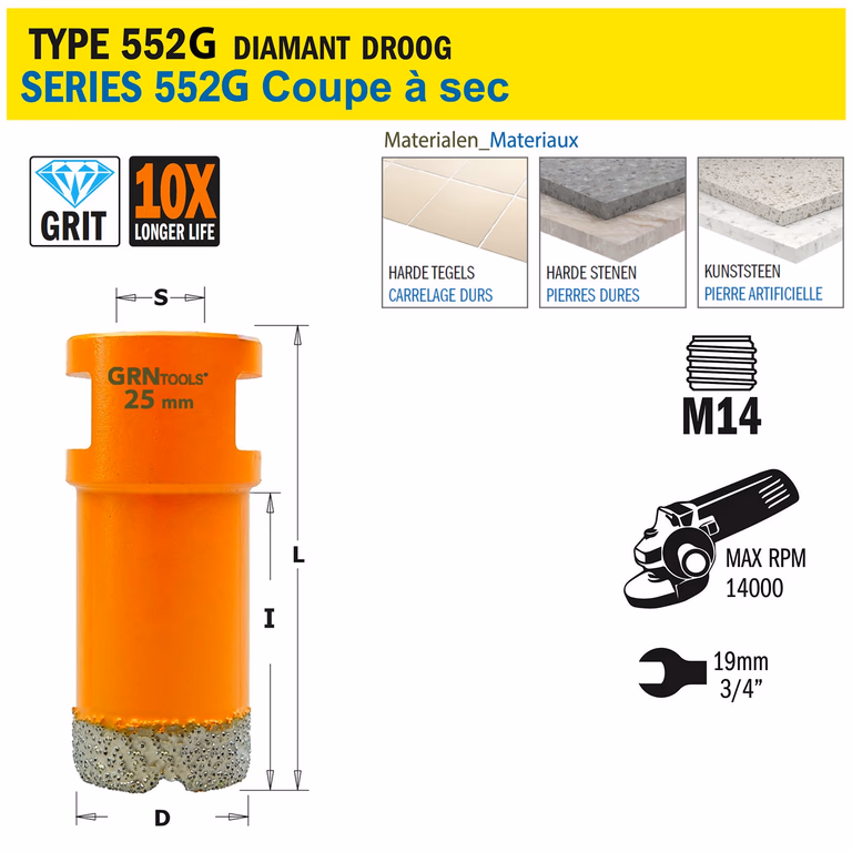 Scie cloche pour matériaux extrêmement durs D=25mm S=M14 L=60mm I=40mm · 552-525G