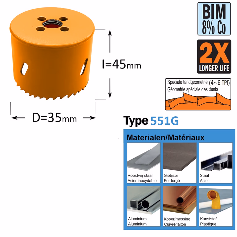 Scie cloche, Bim 8% Co D=35mm S=Hexagonaal