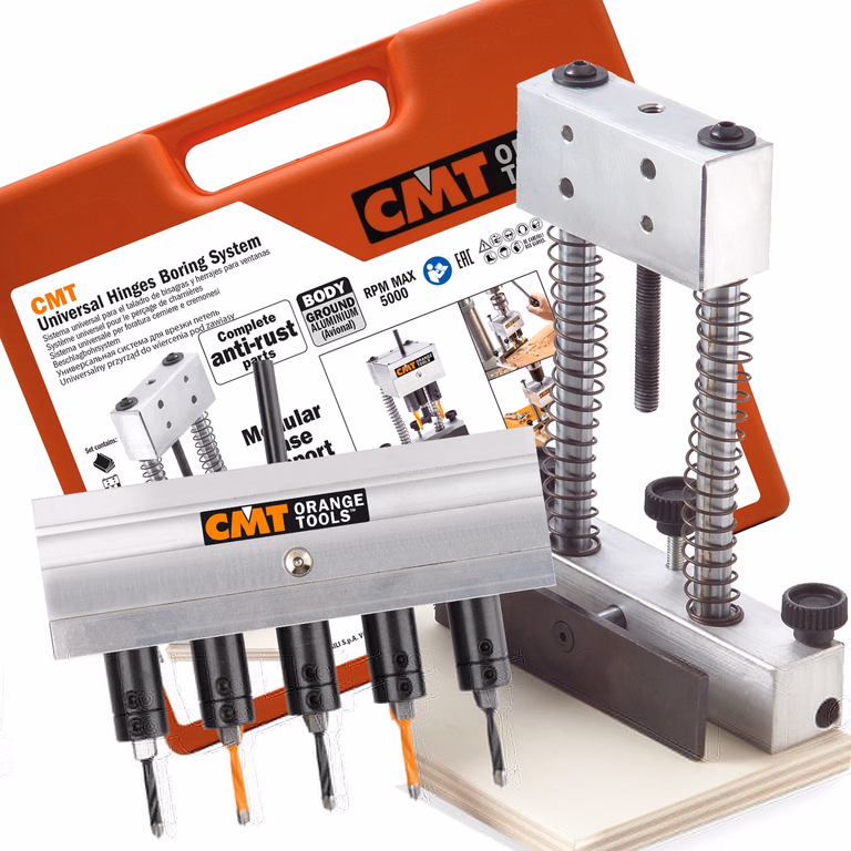 Set complète avec coffre, tête porte mèche support, tête 32 mm et 5 mèches à tourillonner