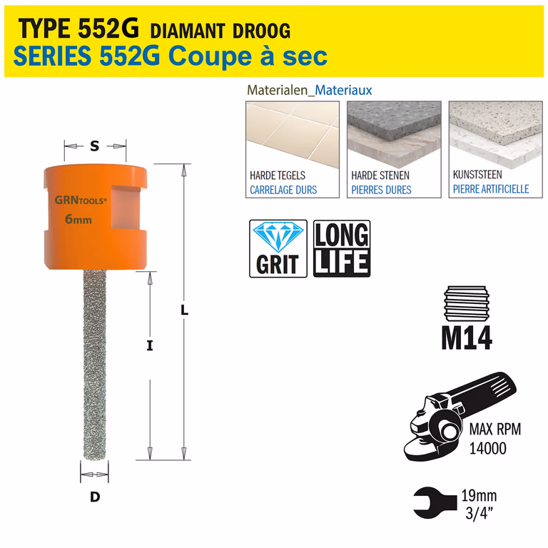 Scie cloche pour matériaux extrêmement durs D=6mm S=M14 L=75mm I=50mm