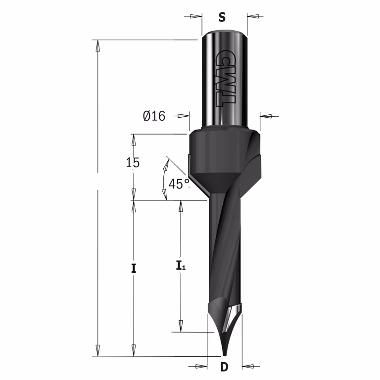 Drevelboor met vaste verzinker, rechts D=5mm L=70mm I=13mm