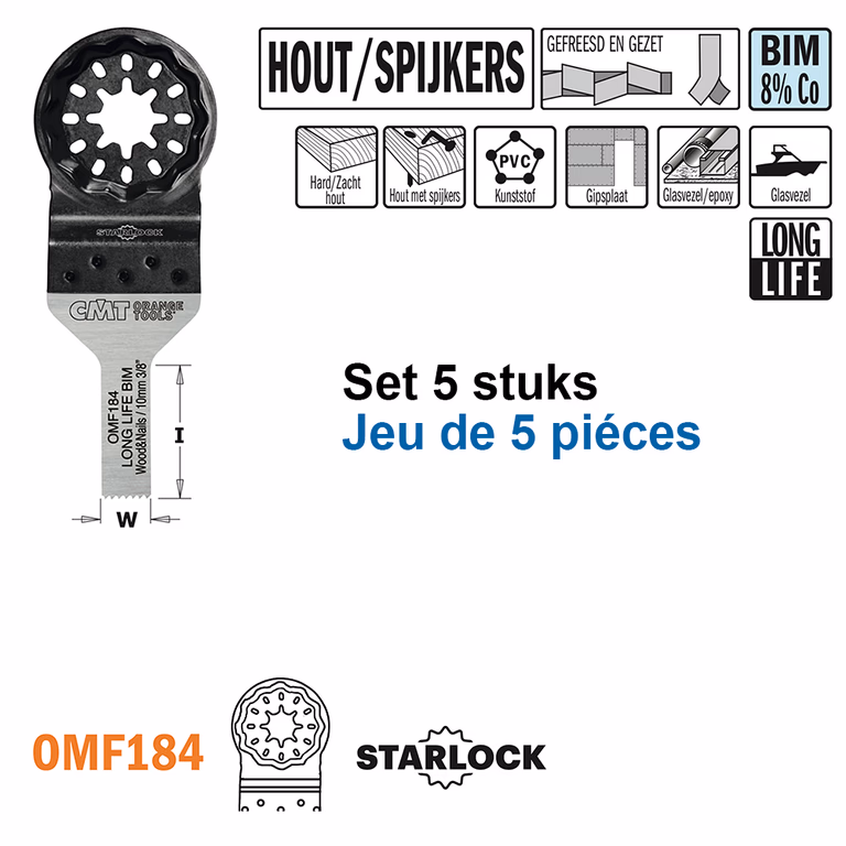 Multitoolzaagblad voor hout met spijkers, 10mm · OMF184-X5