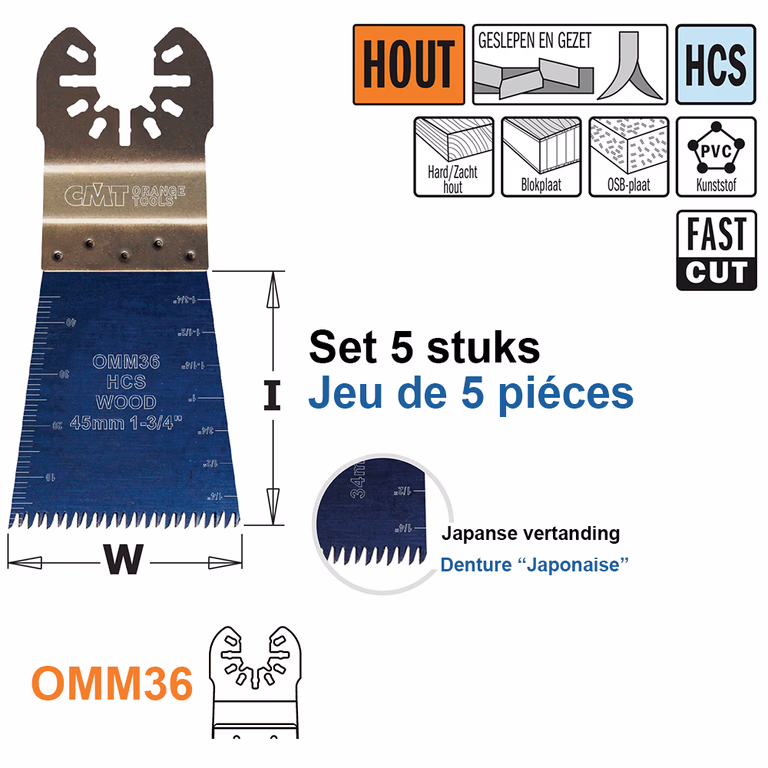 Multitoolzaagblad (Japanse vertanding) voor hout, 45mm · OMM36-X5
