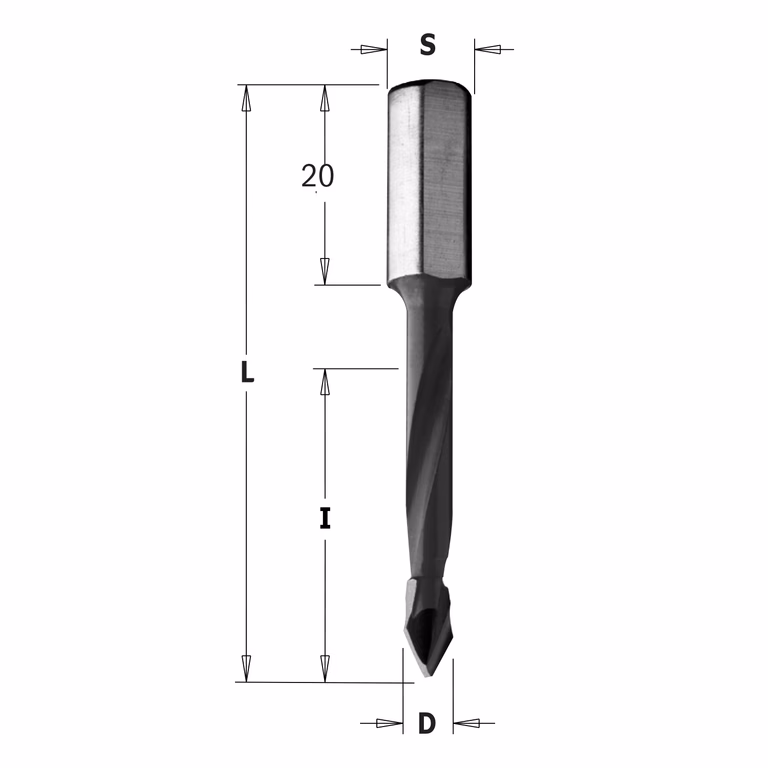 Spitse drevelboor, rechts D=6mm L=70mm L1=20mm I=43mm
