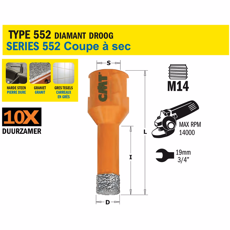 Scie cloche pour matériaux extrêmement durs D=18mm S=M14 L=60mm I=35mm