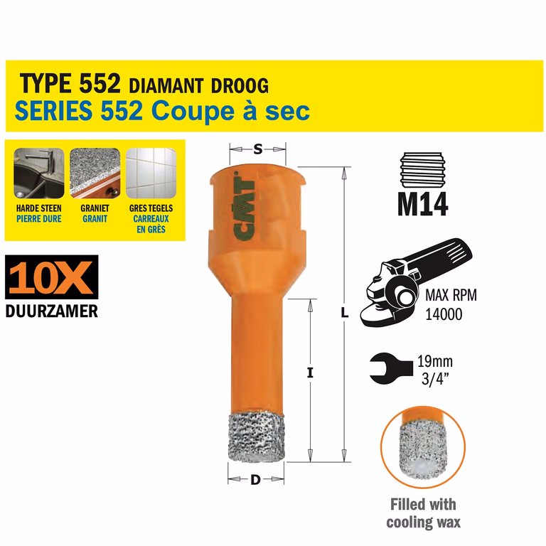 Gatzaag voor extreem harde materialen D=12mm S=M14 L=60mm I=35mm