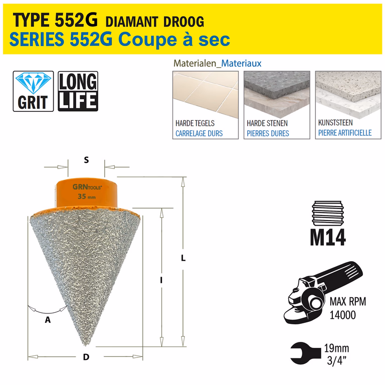 Scie cloche pour matériaux extrêmement durs D=35mm S=M14 L=50mm I=43mm