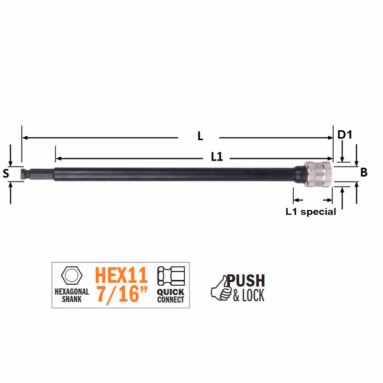 Verlengstuk met zeskantschacht aansluiting PUSH&LOCK S=HEX11 (7/16) L=450mm L1=420mm