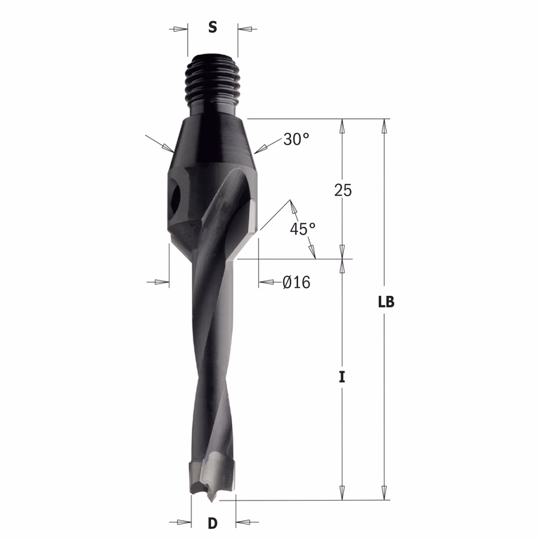 Mèche avec fraisoir et cône de centrage 30°, droite D=5mm LB=55mm I=30mm