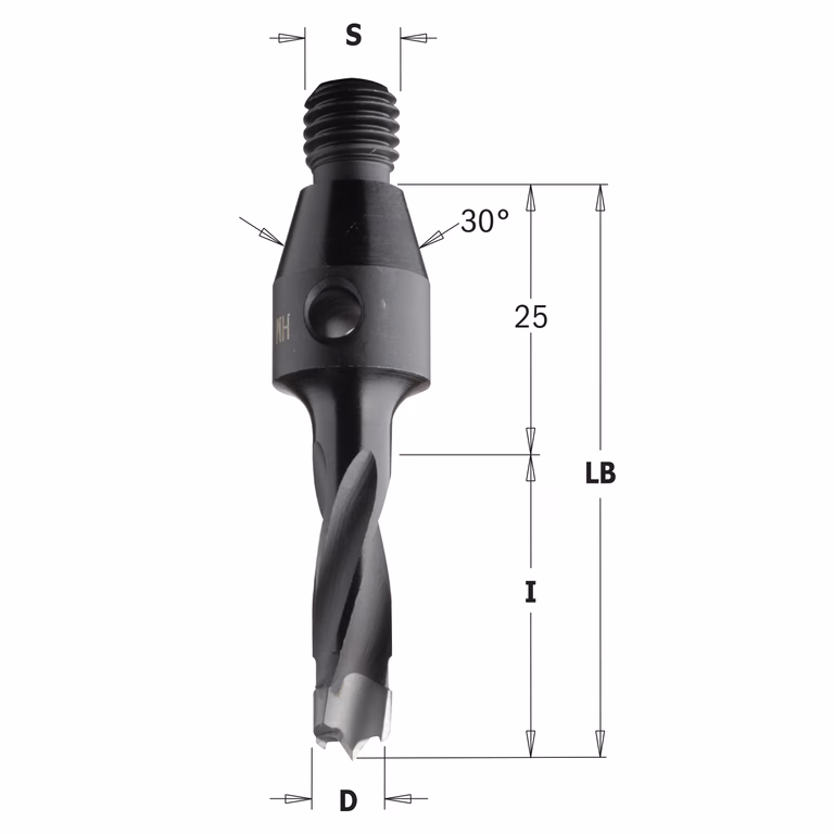 Mèche pour perceuse avec cône de centrage 30°, droite D=10mm LB=75mm I=50mm