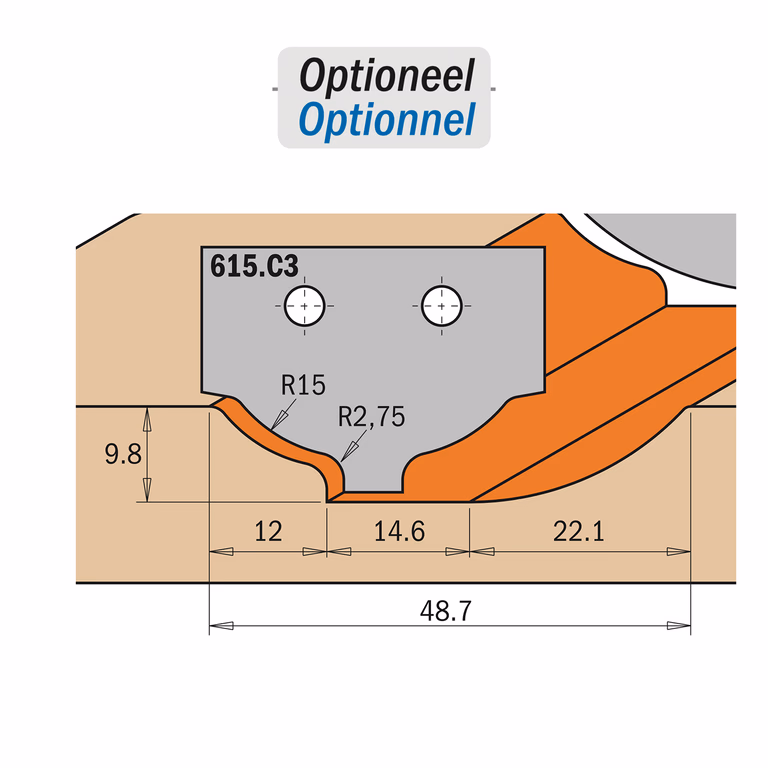 Profielmes voor profielfrees type C3 K=2mm R=2,75mm
