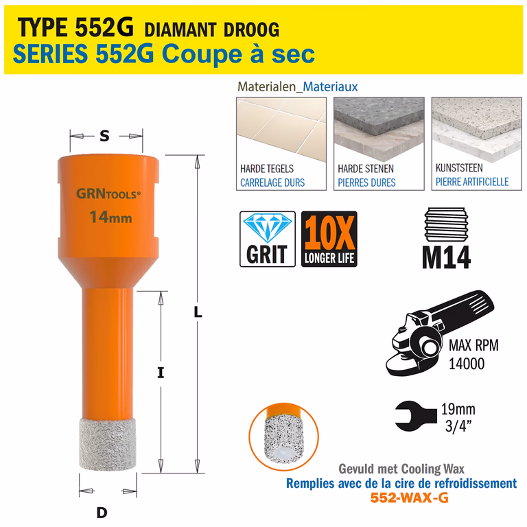 Gatzaag voor extreem harde materialen D=14mm S=M14 L=60mm I=40mm