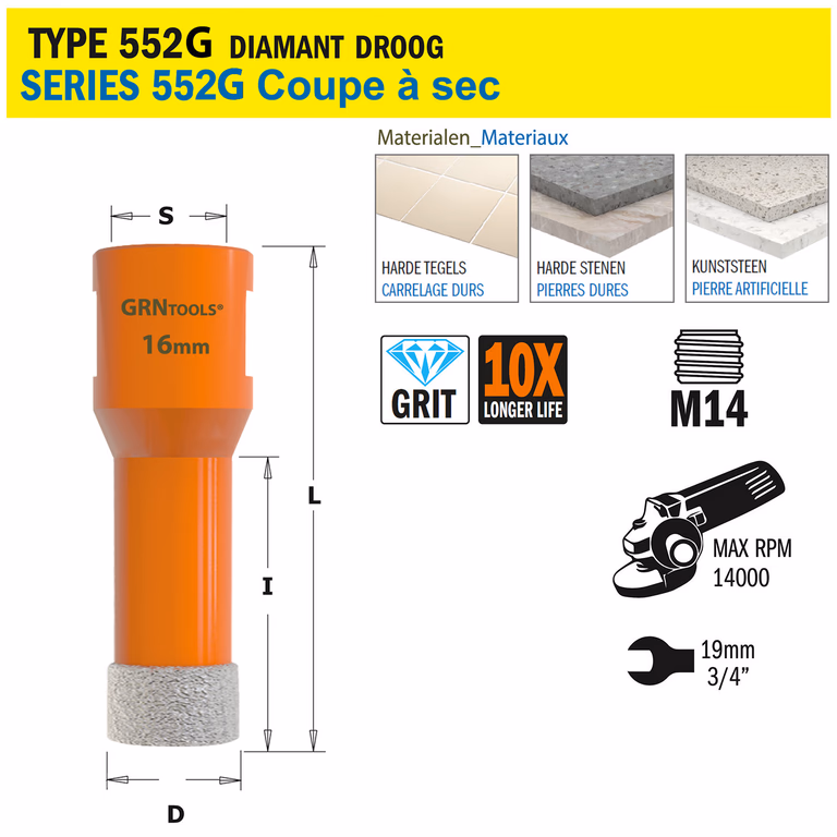 Gatzaag voor extreem harde materialen D=16mm S=M14 L=60mm I=40mm