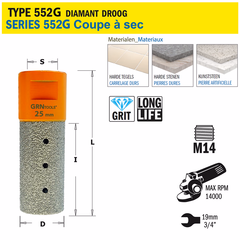 Scie cloche pour matériaux extrêmement durs D=25mm S=M14 L=75mm I=50mm