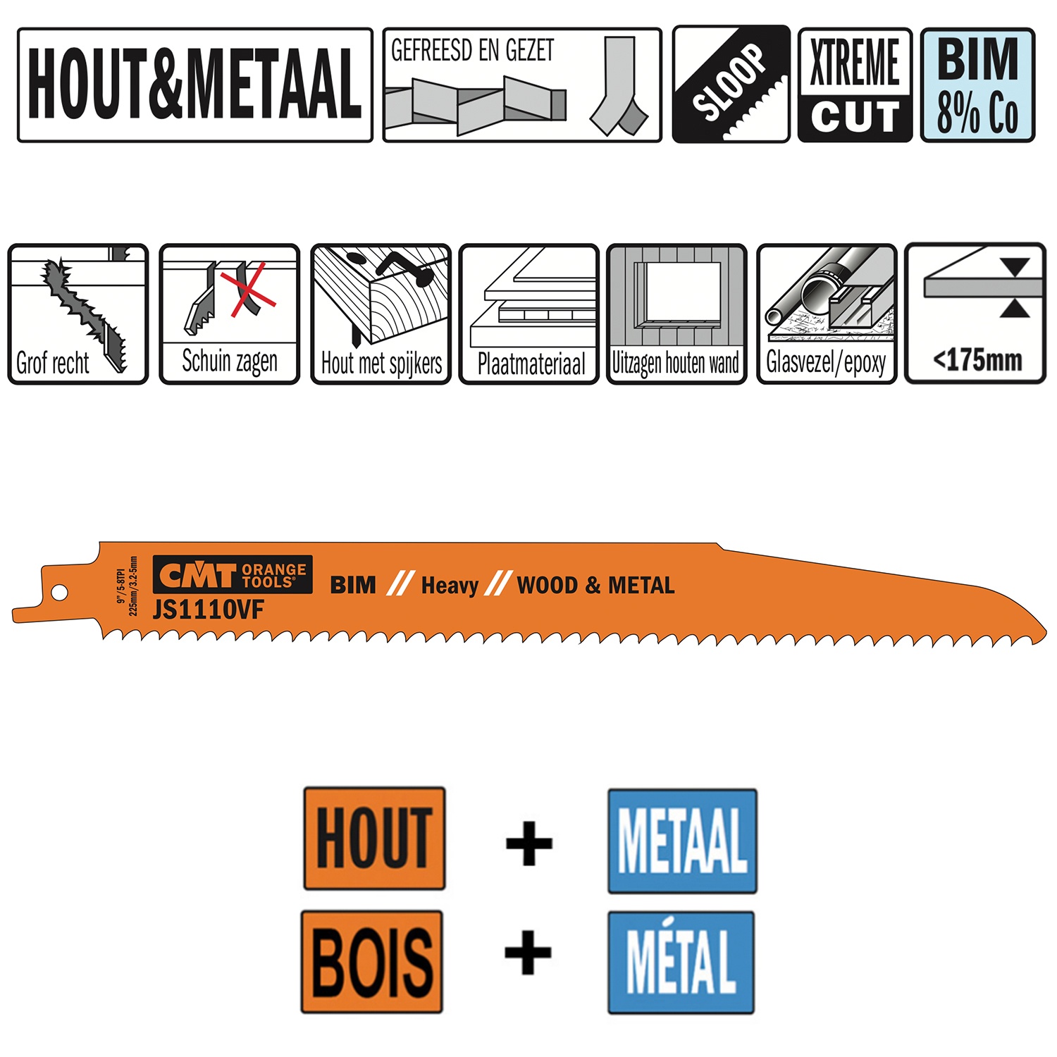 Lame de scie sables Bi-métal 225mm x 1,6 x 5-10TPI