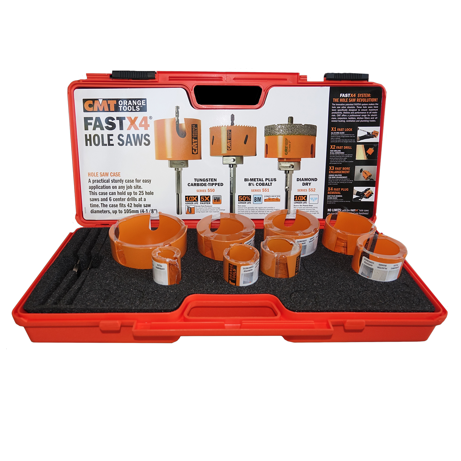 Set avec CMT coffre en PVC + 8 scies cloches + 2 forets de centrage