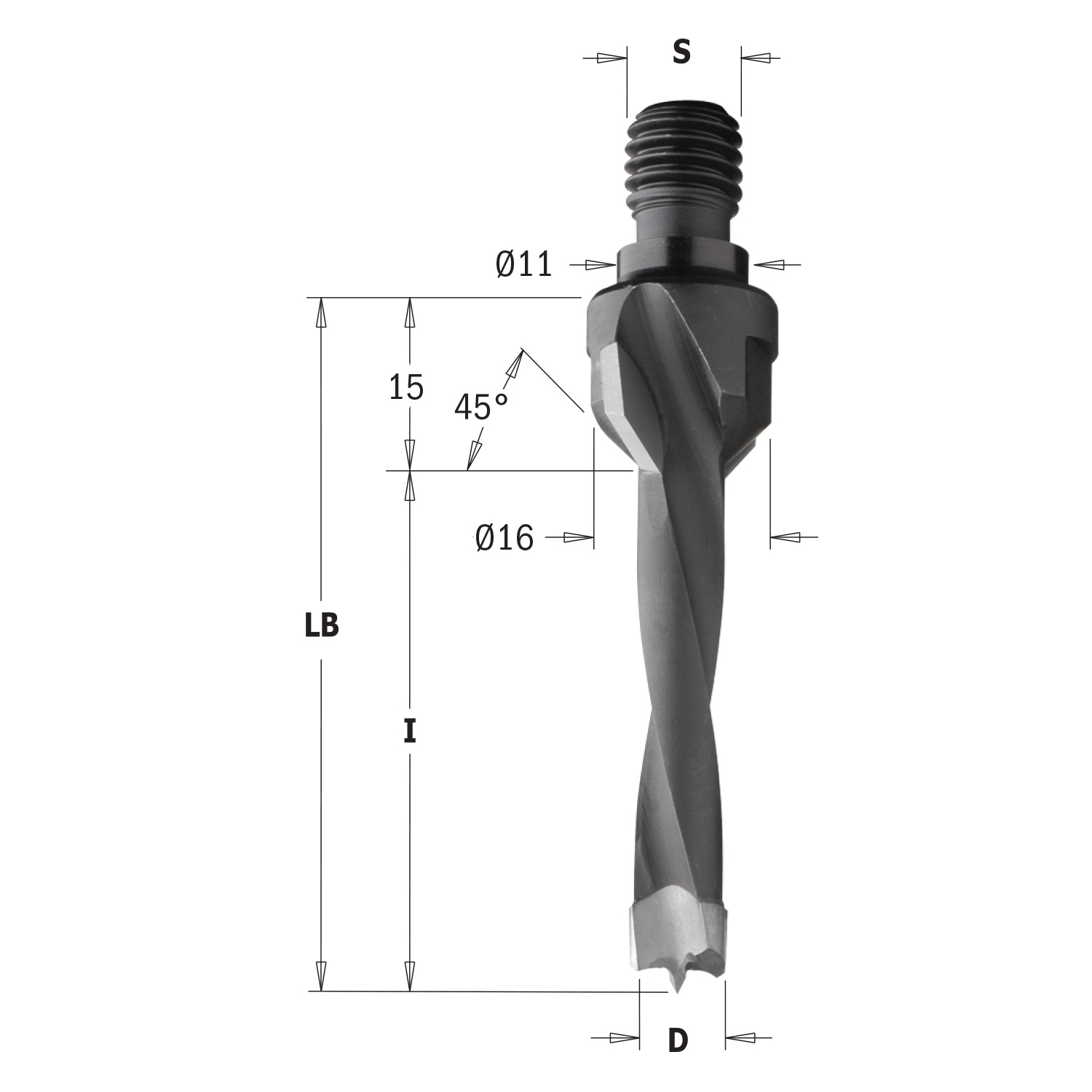 Drevelboor met verzinkfrees, met zitting 11x4 mm, links