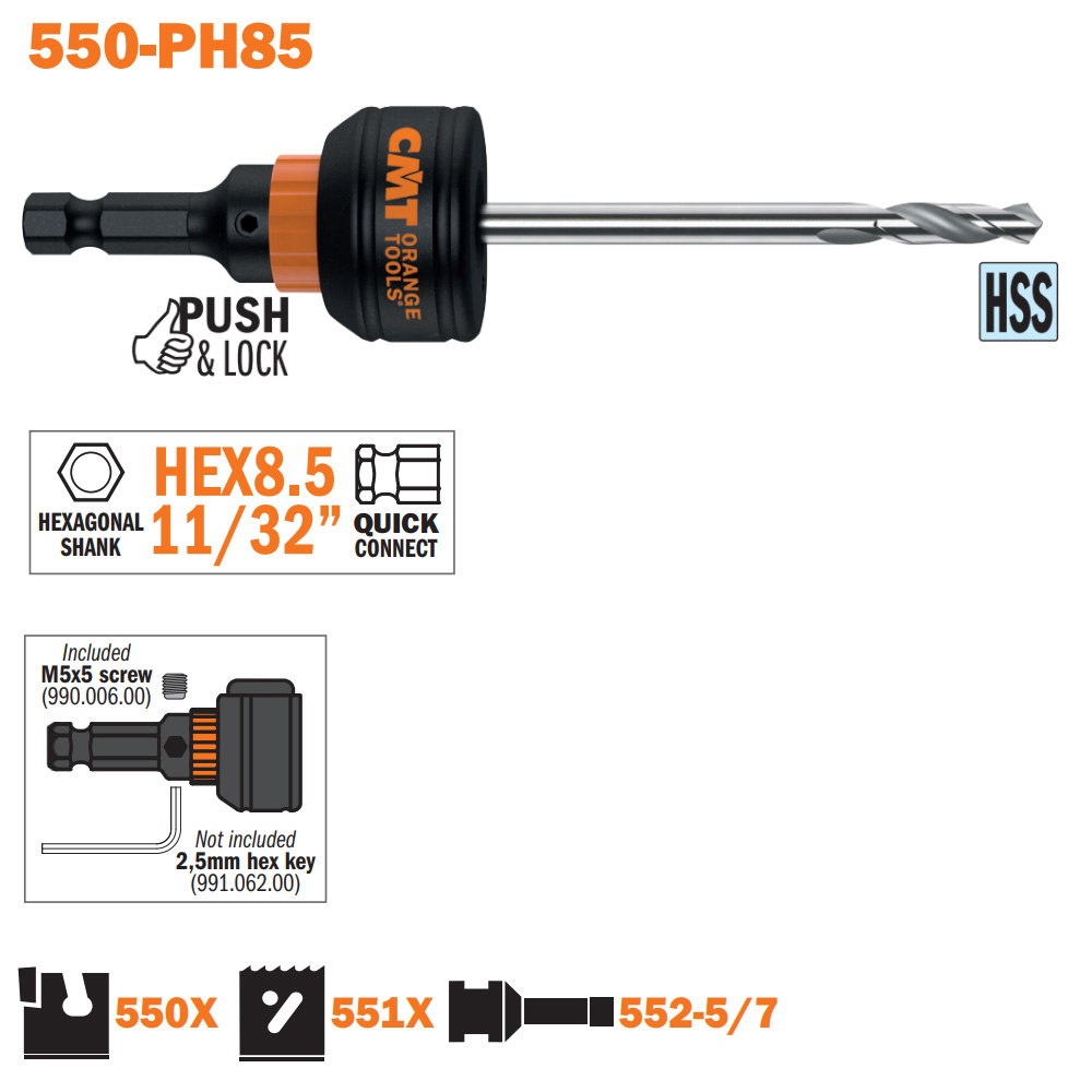 Mandrin à changement rapide avec mèche HSS, support HEX 8,5