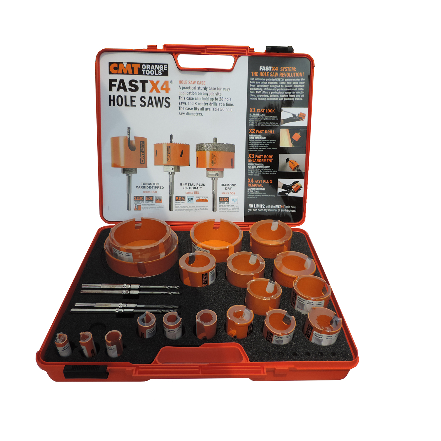 Set avec CMT coffre en PVC + 17 scies cloches + 4 forets de centrage