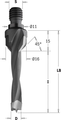 Drevelboor met verzinkfrees, met zitting 11x4 mm, rechts