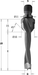Drevelboor met verzinkfrees, met zitting 11x4 mm, links