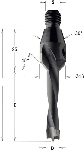 Drevelboor met verzinkfrees, met centreerconus 30°, links